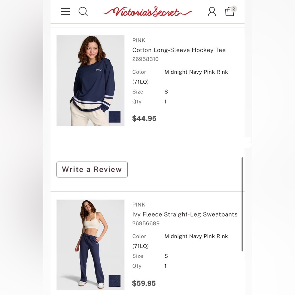 VS Pink Ivy Fleece Straight-Leg Sweatpants and Long Sleeve Tee in Navy